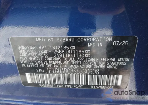 2025 Subaru Impreza Base 5-Door from USA, damaged, VIN JF1GUABC8S8330608
